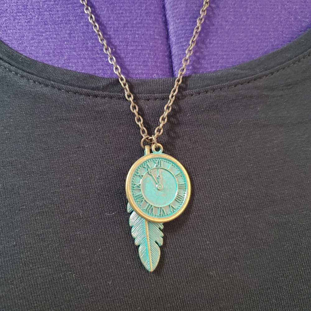 Boho Feather Clock Necklace Turquoise Patina Pendant Vintage Style Statement